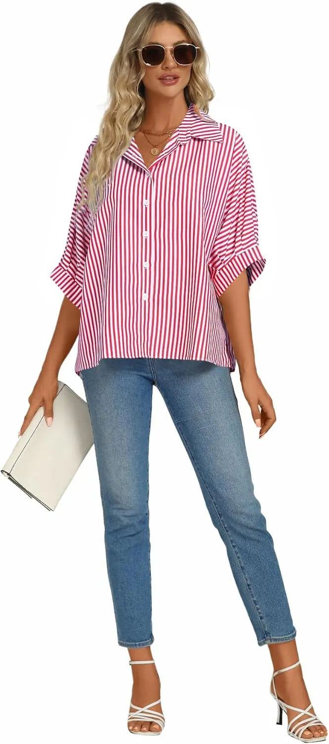 Vrtige Women's Casual Stripe Button Down Collar V Neck Half Sleeve Loose Blouse Shirt Top