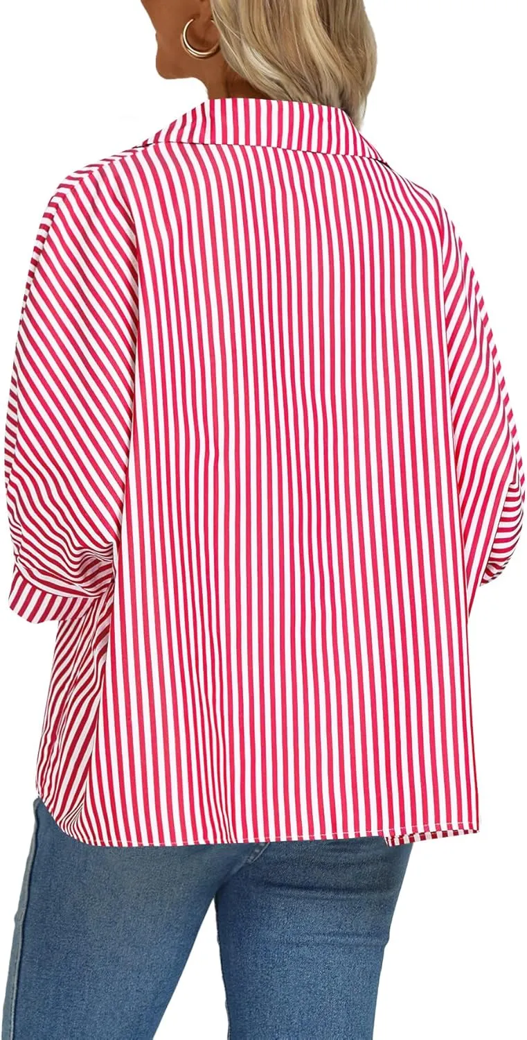 Vrtige Women's Casual Stripe Button Down Collar V Neck Half Sleeve Loose Blouse Shirt Top