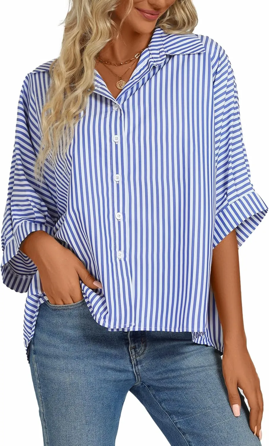 Vrtige Women's Casual Stripe Button Down Collar V Neck Half Sleeve Loose Blouse Shirt Top
