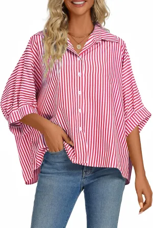 Vrtige Women's Casual Stripe Button Down Collar V Neck Half Sleeve Loose Blouse Shirt Top