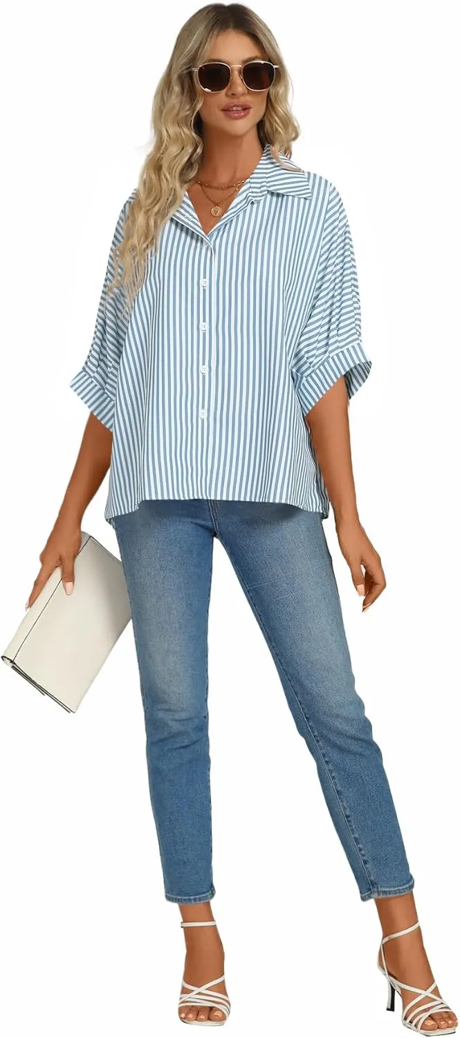 Vrtige Women's Casual Stripe Button Down Collar V Neck Half Sleeve Loose Blouse Shirt Top