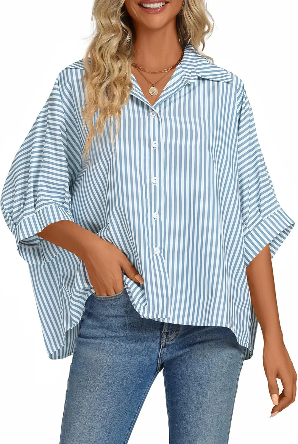 Vrtige Women's Casual Stripe Button Down Collar V Neck Half Sleeve Loose Blouse Shirt Top