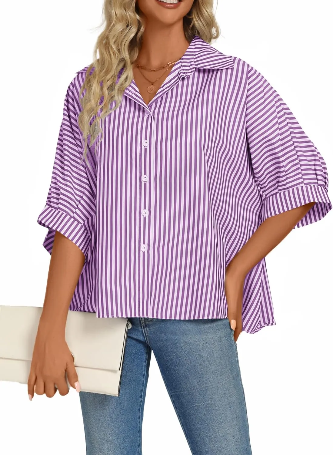 Vrtige Women's Casual Stripe Button Down Collar V Neck Half Sleeve Loose Blouse Shirt Top