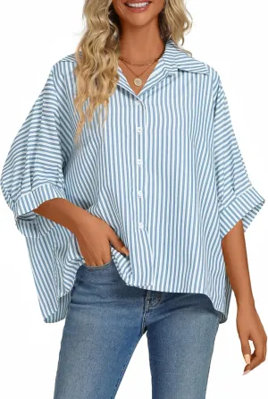 Vrtige Women's Casual Stripe Button Down Collar V Neck Half Sleeve Loose Blouse Shirt Top