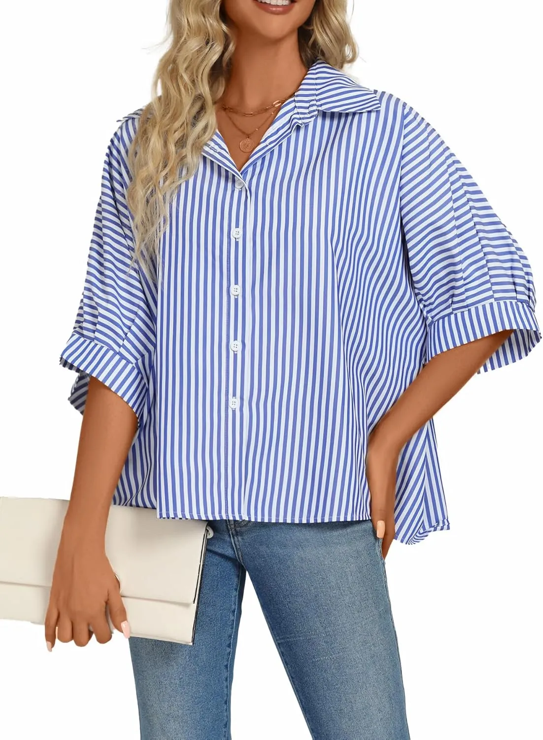 Vrtige Women's Casual Stripe Button Down Collar V Neck Half Sleeve Loose Blouse Shirt Top
