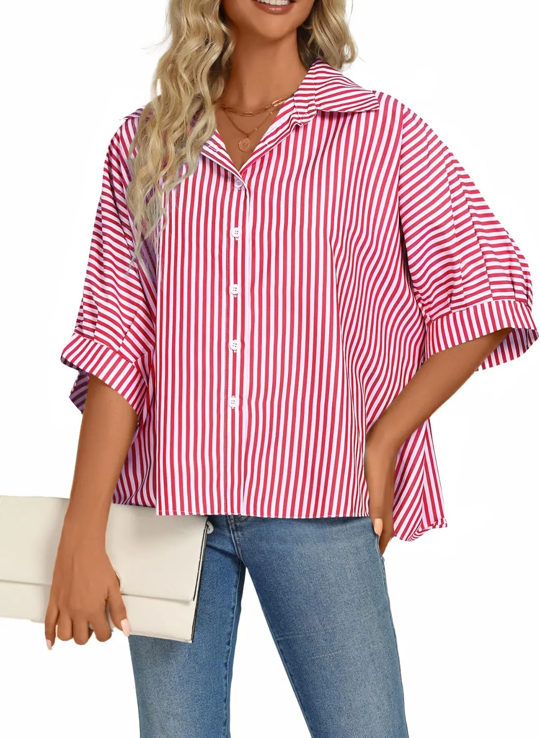 Vrtige Women's Casual Stripe Button Down Collar V Neck Half Sleeve Loose Blouse Shirt Top