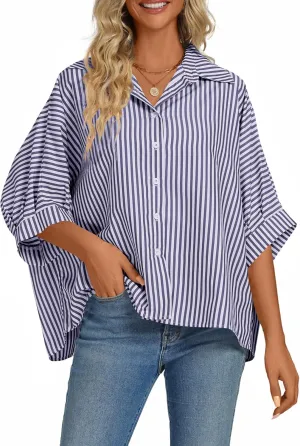 Vrtige Women's Casual Stripe Button Down Collar V Neck Half Sleeve Loose Blouse Shirt Top