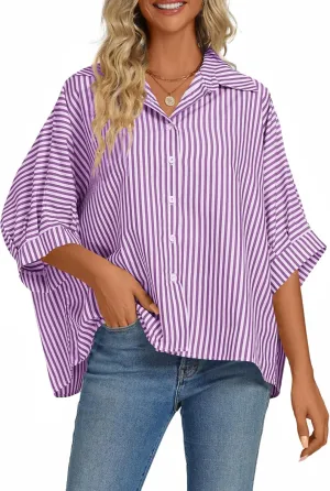 Vrtige Women's Casual Stripe Button Down Collar V Neck Half Sleeve Loose Blouse Shirt Top
