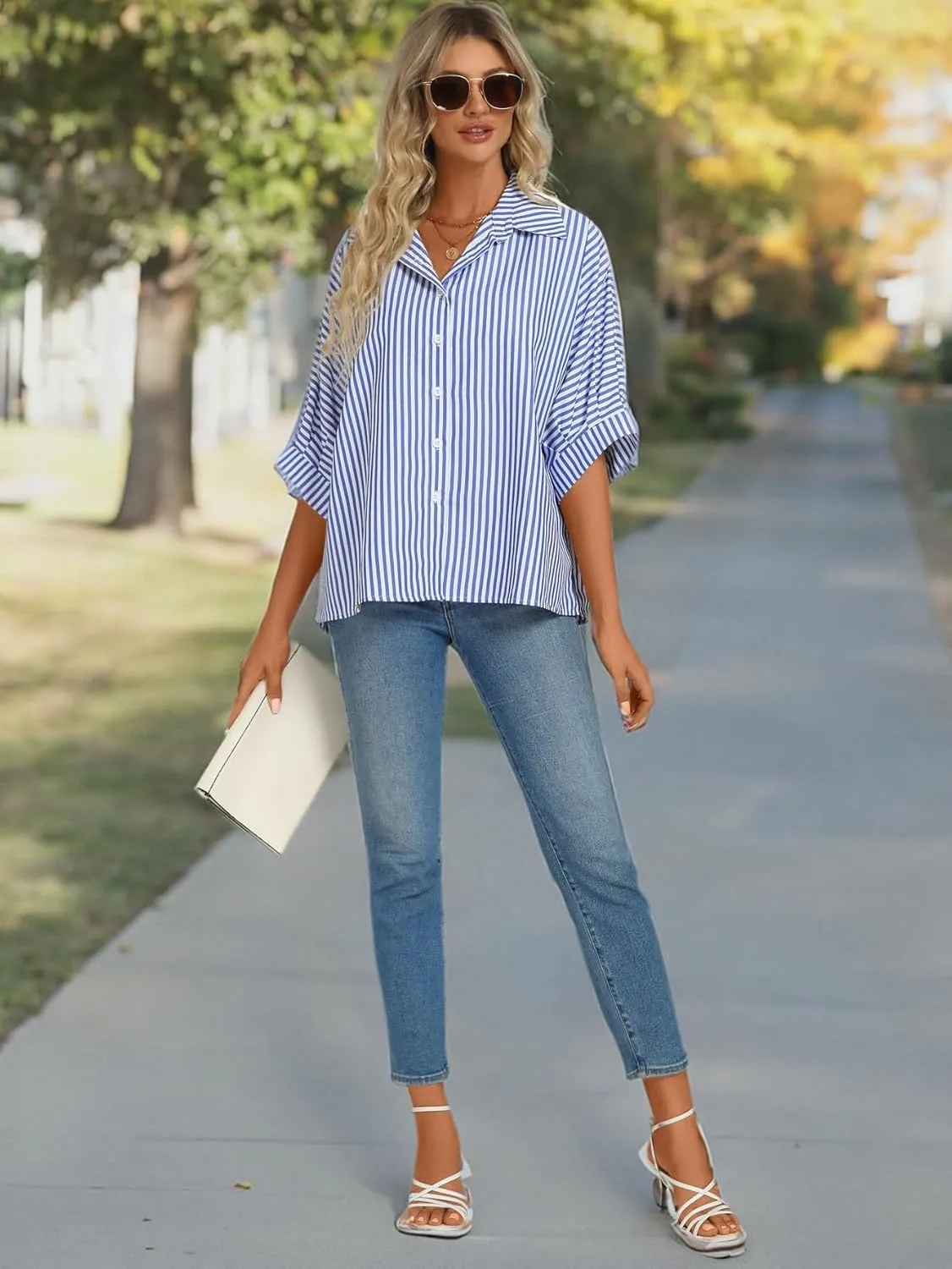Vrtige Women's Casual Stripe Button Down Collar V Neck Half Sleeve Loose Blouse Shirt Top