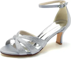 Wedding Bridal Shoes Women Sandals Peep Satin Open Toe Low Heel Ankle Strap Dress Shoes Womens Pumps Party Heels 6.5Cm,Silver,10