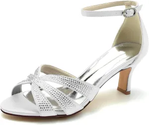 Wedding Bridal Shoes Women Sandals Peep Satin Open Toe Low Heel Ankle Strap Dress Shoes Womens Pumps Party Heels 6.5Cm,White,11.5