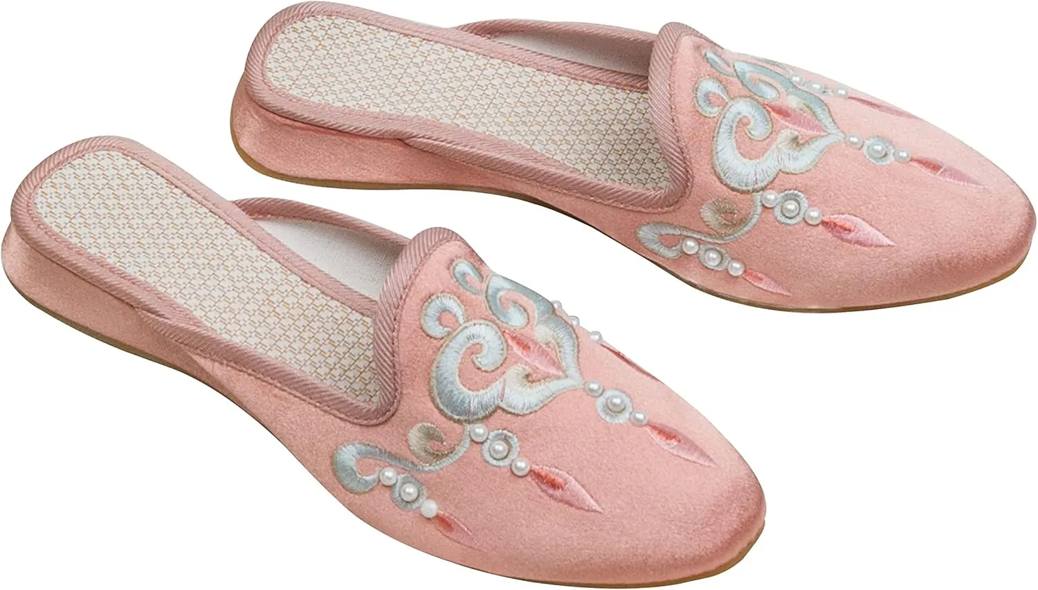 WENJIAZHIZHI Embroidered Slides Backless Loafers Pearls Mules Clogs Flats Sandals for Womens Dressy Summer Shoes Slip On