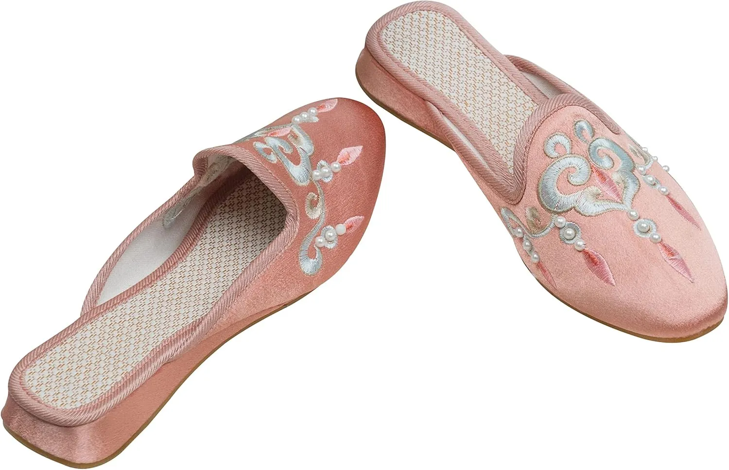 WENJIAZHIZHI Embroidered Slides Backless Loafers Pearls Mules Clogs Flats Sandals for Womens Dressy Summer Shoes Slip On
