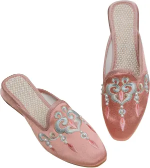 WENJIAZHIZHI Embroidered Slides Backless Loafers Pearls Mules Clogs Flats Sandals for Womens Dressy Summer Shoes Slip On
