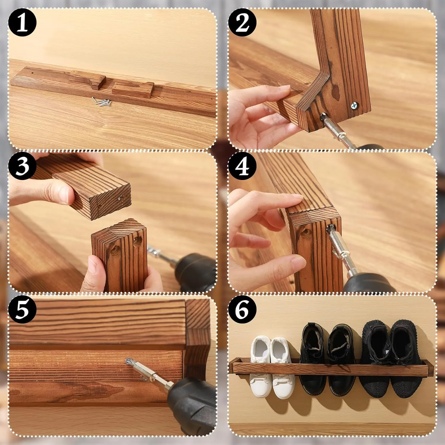 Wenqik 4 Pcs Wall Mounted Shoe Rack 30 Inch Rustic Wood Wall Hanging Shoe Rack Space Saving Footwear Holder Shoe Storage Organizer for Mudroom, Entryway, Closet (Burnt Wood)