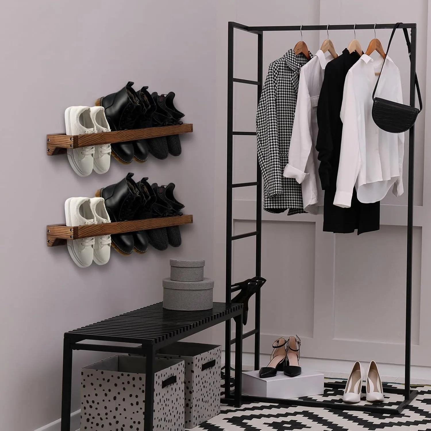 Wenqik 4 Pcs Wall Mounted Shoe Rack 30 Inch Rustic Wood Wall Hanging Shoe Rack Space Saving Footwear Holder Shoe Storage Organizer for Mudroom, Entryway, Closet (Burnt Wood)
