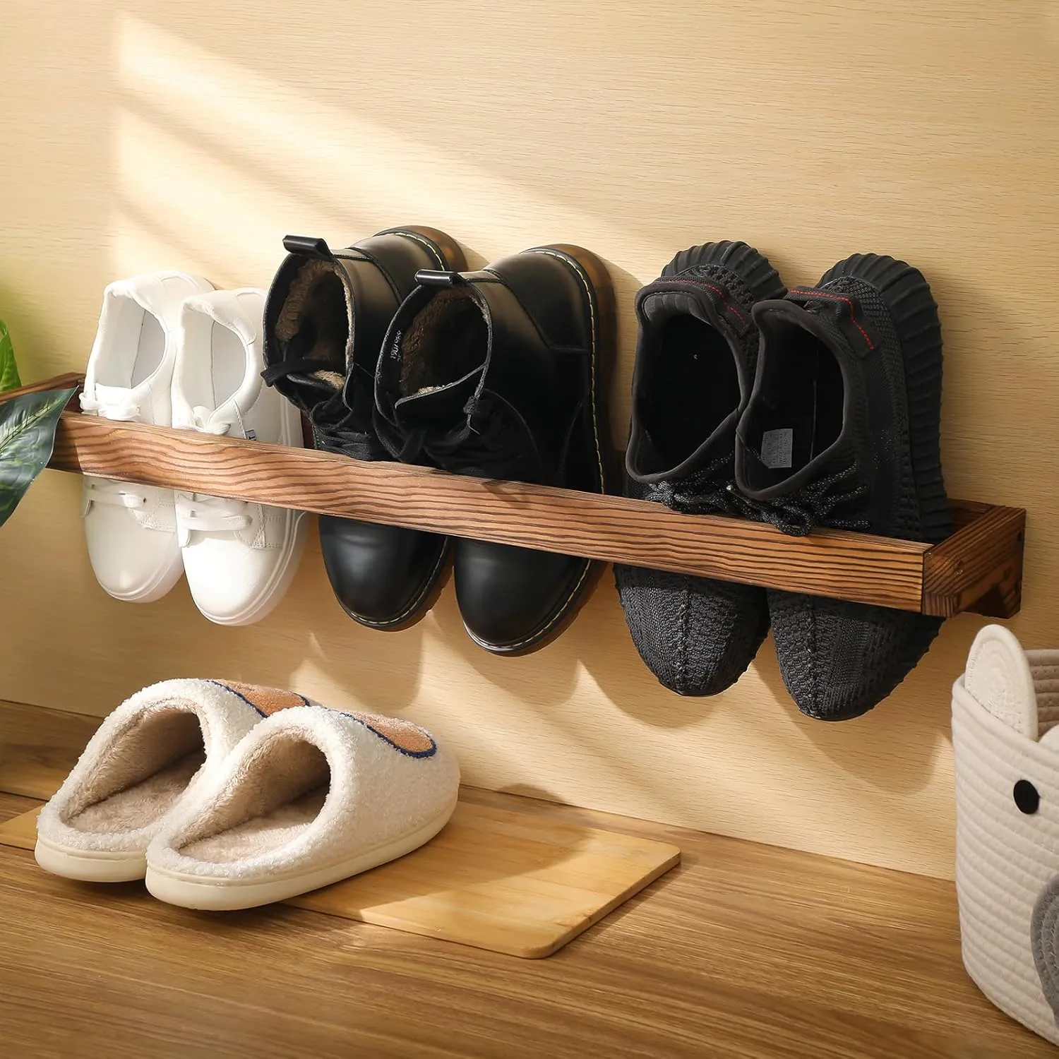 Wenqik 4 Pcs Wall Mounted Shoe Rack 30 Inch Rustic Wood Wall Hanging Shoe Rack Space Saving Footwear Holder Shoe Storage Organizer for Mudroom, Entryway, Closet (Burnt Wood)