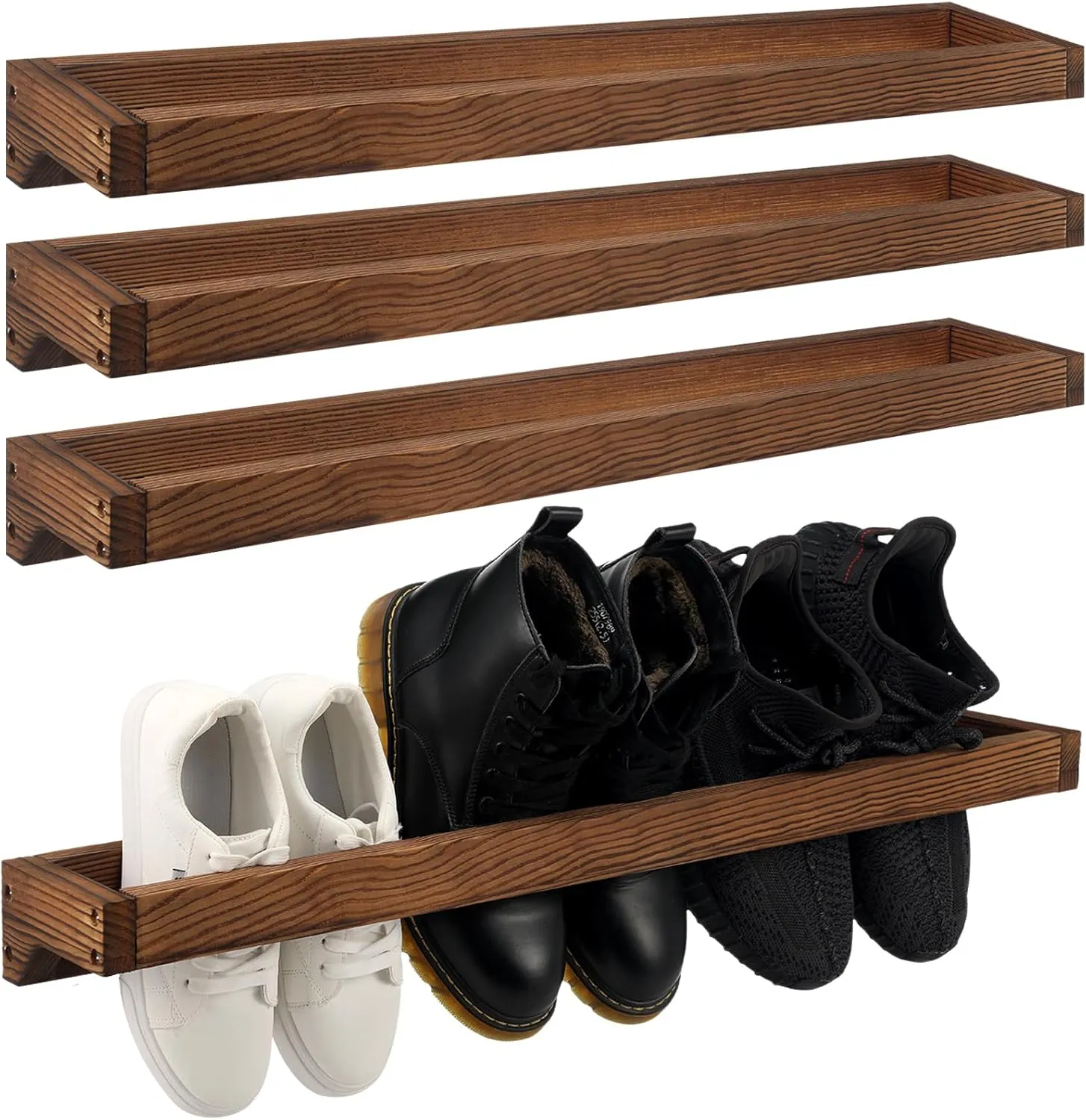 Wenqik 4 Pcs Wall Mounted Shoe Rack 30 Inch Rustic Wood Wall Hanging Shoe Rack Space Saving Footwear Holder Shoe Storage Organizer for Mudroom, Entryway, Closet (Burnt Wood)