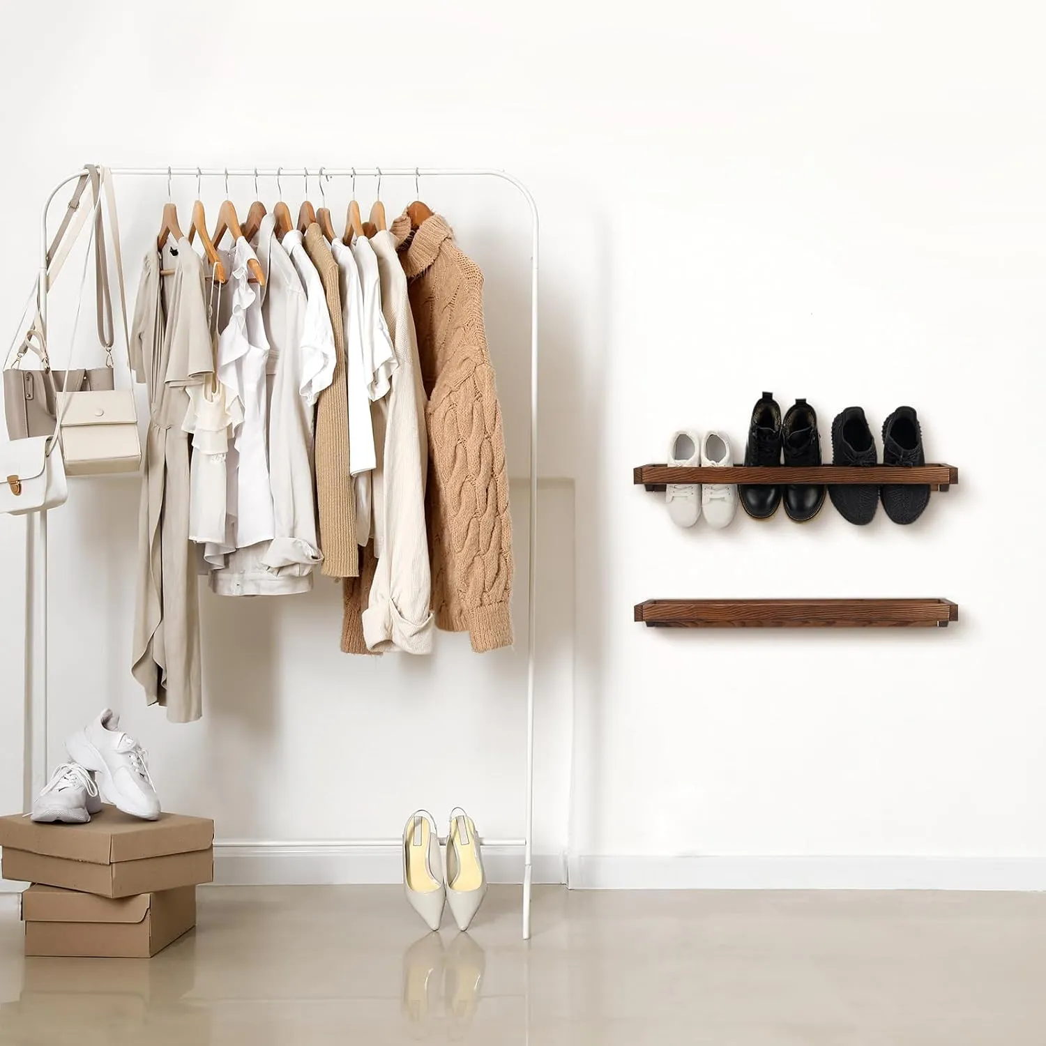 Wenqik 4 Pcs Wall Mounted Shoe Rack 30 Inch Rustic Wood Wall Hanging Shoe Rack Space Saving Footwear Holder Shoe Storage Organizer for Mudroom, Entryway, Closet (Burnt Wood)