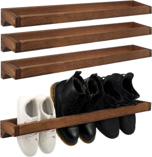 Wenqik 4 Pcs Wall Mounted Shoe Rack 30 Inch Rustic Wood Wall Hanging Shoe Rack Space Saving Footwear Holder Shoe Storage Organizer for Mudroom, Entryway, Closet (Burnt Wood)