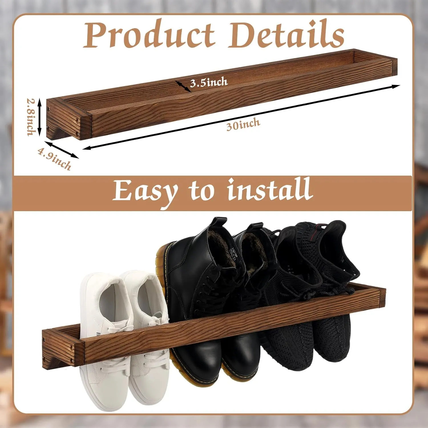 Wenqik 4 Pcs Wall Mounted Shoe Rack 30 Inch Rustic Wood Wall Hanging Shoe Rack Space Saving Footwear Holder Shoe Storage Organizer for Mudroom, Entryway, Closet (Burnt Wood)