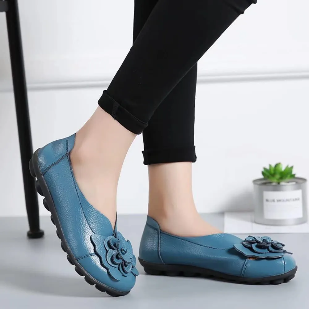 WERWAES Casual Leather Loafers Shoes for Womens Slim Lightweight Soft Sole Flat Moccasins Shoes with Flowers Cowhide Round Toe Slip on Womens Loafer Indoor Outdoor Walking Womens Shoes