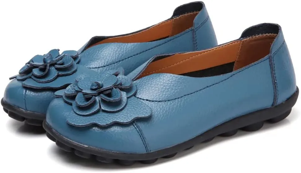 WERWAES Casual Leather Loafers Shoes for Womens Slim Lightweight Soft Sole Flat Moccasins Shoes with Flowers Cowhide Round Toe Slip on Womens Loafer Indoor Outdoor Walking Womens Shoes