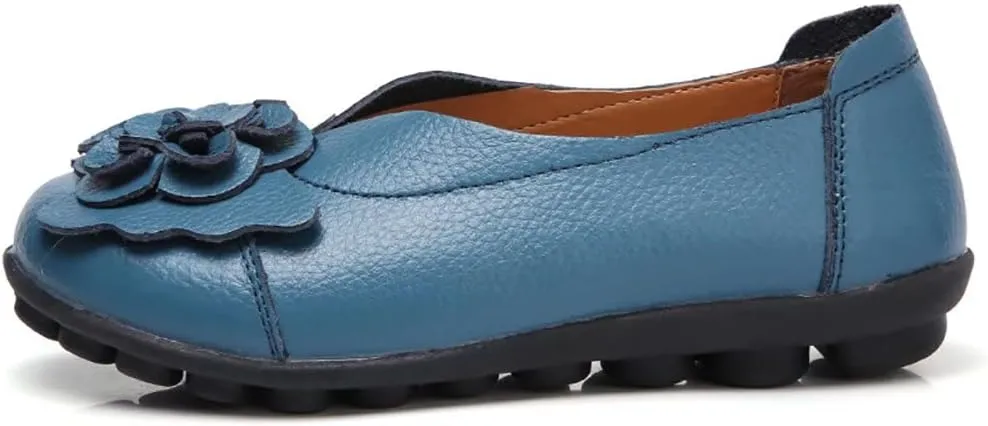 WERWAES Casual Leather Loafers Shoes for Womens Slim Lightweight Soft Sole Flat Moccasins Shoes with Flowers Cowhide Round Toe Slip on Womens Loafer Indoor Outdoor Walking Womens Shoes
