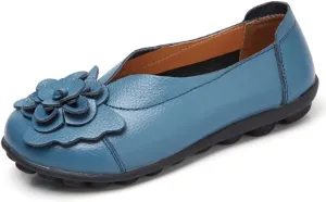 WERWAES Casual Leather Loafers Shoes for Womens Slim Lightweight Soft Sole Flat Moccasins Shoes with Flowers Cowhide Round Toe Slip on Womens Loafer Indoor Outdoor Walking Womens Shoes