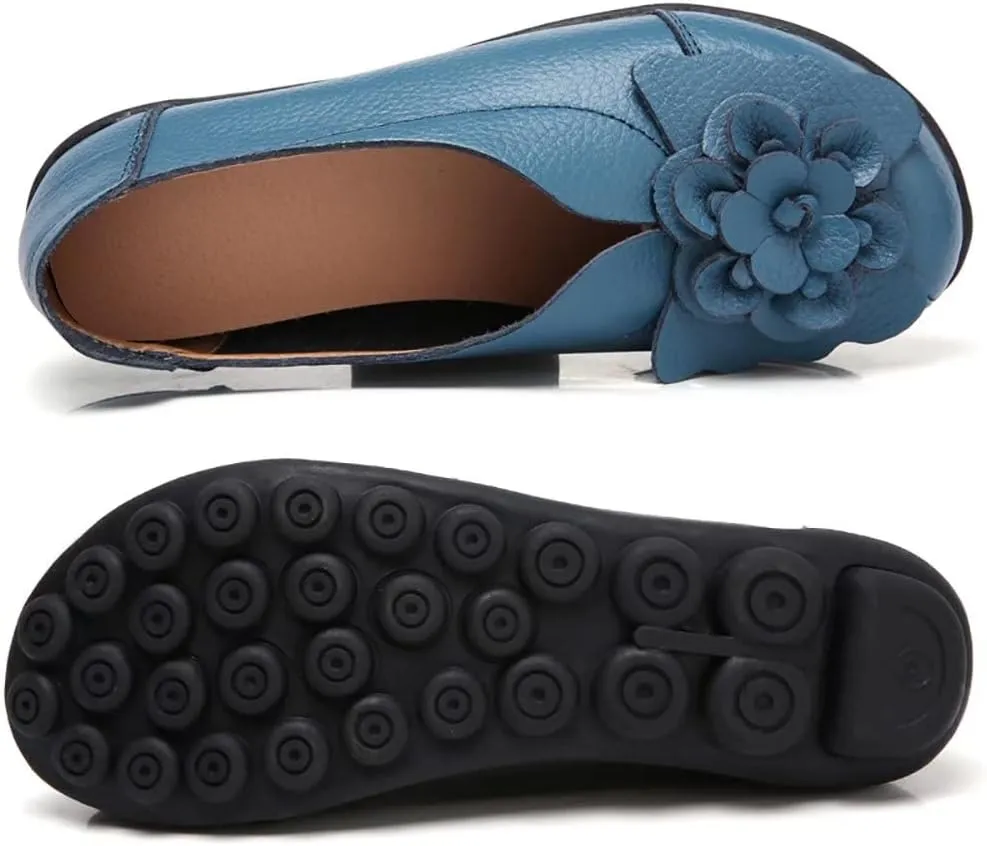 WERWAES Casual Leather Loafers Shoes for Womens Slim Lightweight Soft Sole Flat Moccasins Shoes with Flowers Cowhide Round Toe Slip on Womens Loafer Indoor Outdoor Walking Womens Shoes