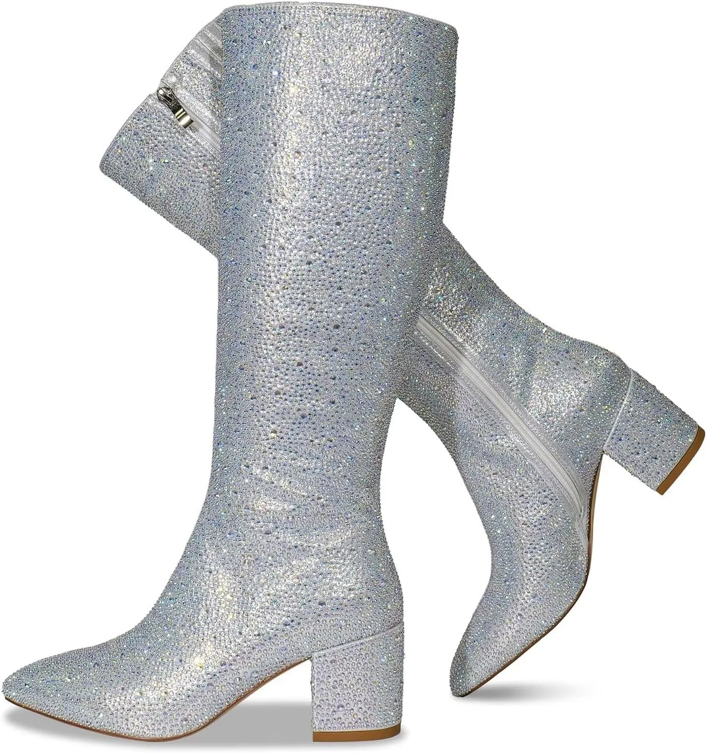 wetkiss Rhinestone/PU Low Chunky Pointed Toe Knee High Boots for Women with Full Bling Sparkly Crystals Booties for Wedding Party Date Dress