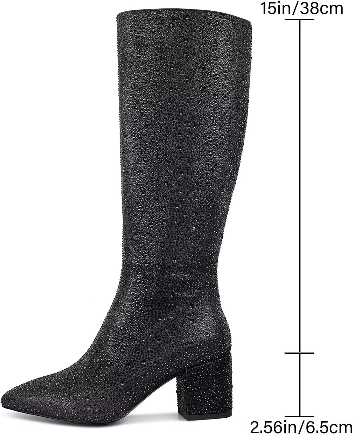 wetkiss Rhinestone/PU Low Chunky Pointed Toe Knee High Boots for Women with Full Bling Sparkly Crystals Booties for Wedding Party Date Dress