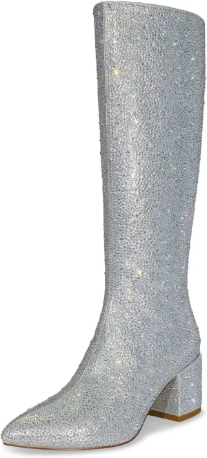 wetkiss Rhinestone/PU Low Chunky Pointed Toe Knee High Boots for Women with Full Bling Sparkly Crystals Booties for Wedding Party Date Dress