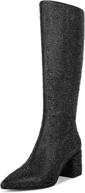 wetkiss Rhinestone/PU Low Chunky Pointed Toe Knee High Boots for Women with Full Bling Sparkly Crystals Booties for Wedding Party Date Dress