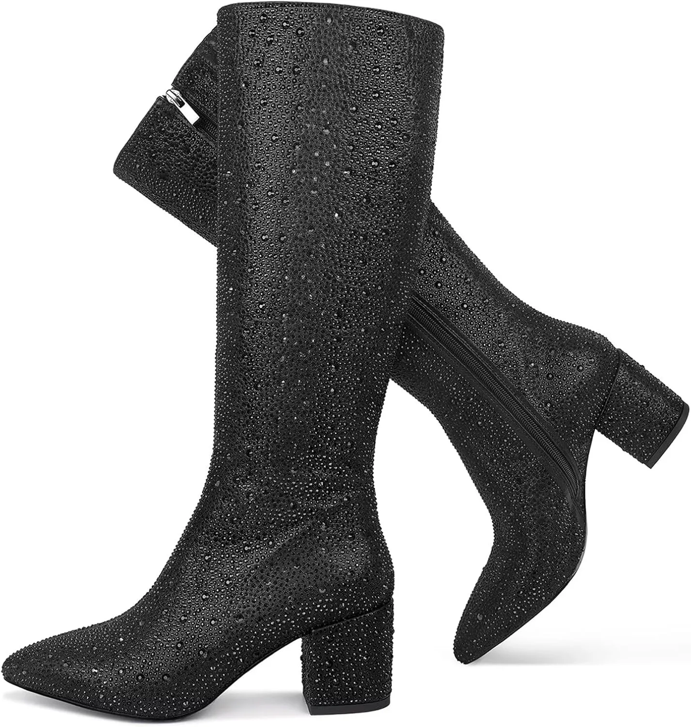 wetkiss Rhinestone/PU Low Chunky Pointed Toe Knee High Boots for Women with Full Bling Sparkly Crystals Booties for Wedding Party Date Dress