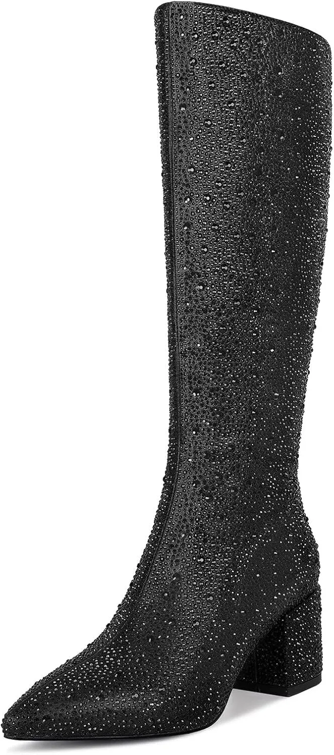 wetkiss Rhinestone/PU Low Chunky Pointed Toe Knee High Boots for Women with Full Bling Sparkly Crystals Booties for Wedding Party Date Dress