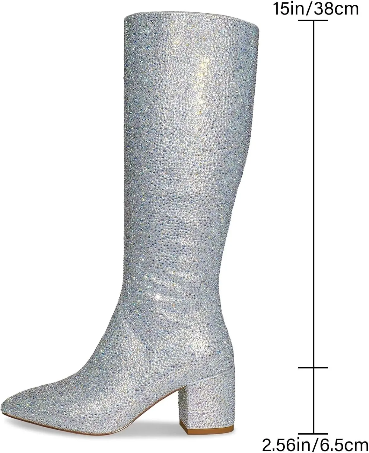 wetkiss Rhinestone/PU Low Chunky Pointed Toe Knee High Boots for Women with Full Bling Sparkly Crystals Booties for Wedding Party Date Dress
