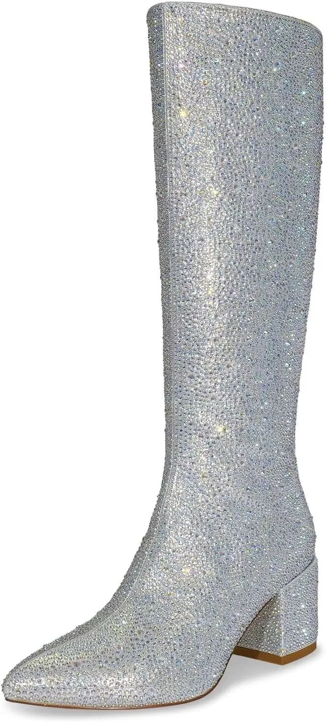 wetkiss Rhinestone/PU Low Chunky Pointed Toe Knee High Boots for Women with Full Bling Sparkly Crystals Booties for Wedding Party Date Dress