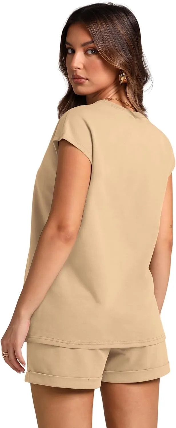 WIHOLL 2 Piece Sets for Women Casual Summer Travel Vacation Outfits Cap Sleeve Shorts Lounge Set