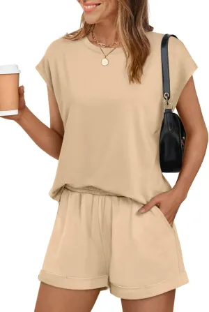 WIHOLL 2 Piece Sets for Women Casual Summer Travel Vacation Outfits Cap Sleeve Shorts Lounge Set