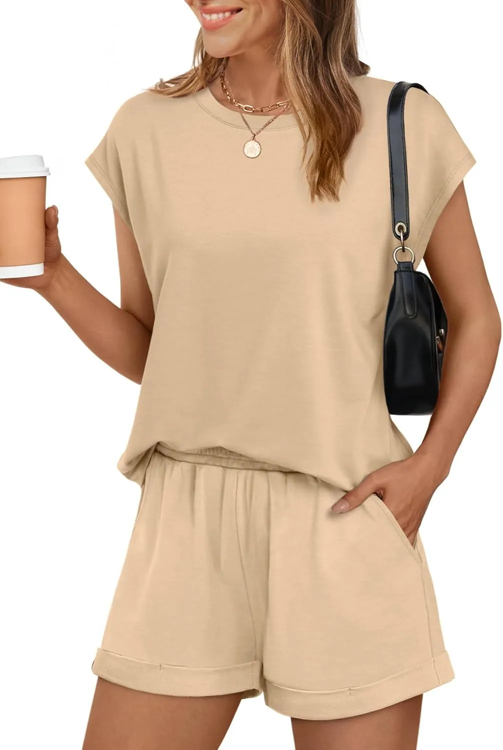 WIHOLL 2 Piece Sets for Women Casual Summer Travel Vacation Outfits Cap Sleeve Shorts Lounge Set