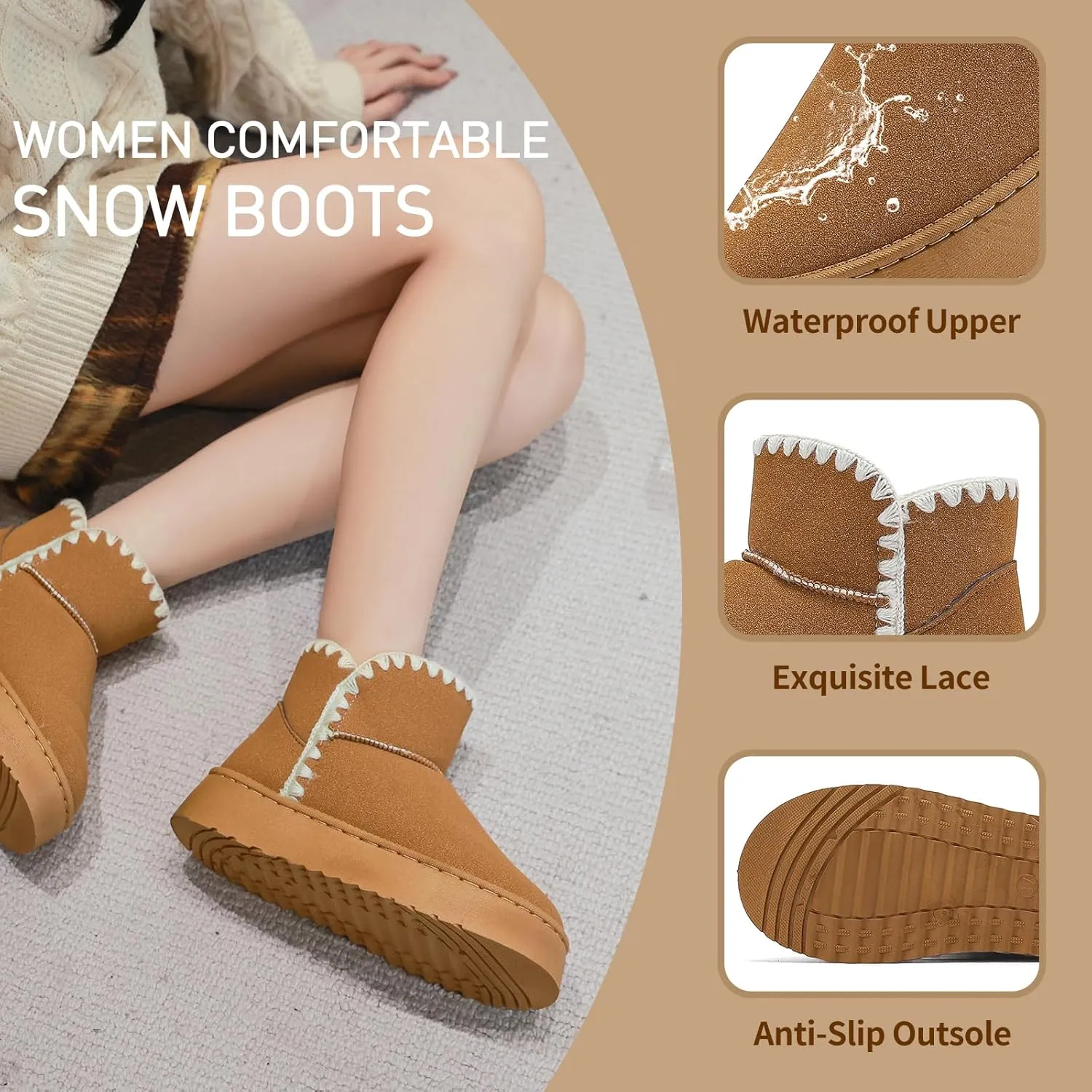Winter Boots for Women, Lightweight Platform Boots Fashion Ankle Boots for Women,Classic Suede Fur Leather Snow Boots with Comfort Insole Waterproof Stylish Fall Boots