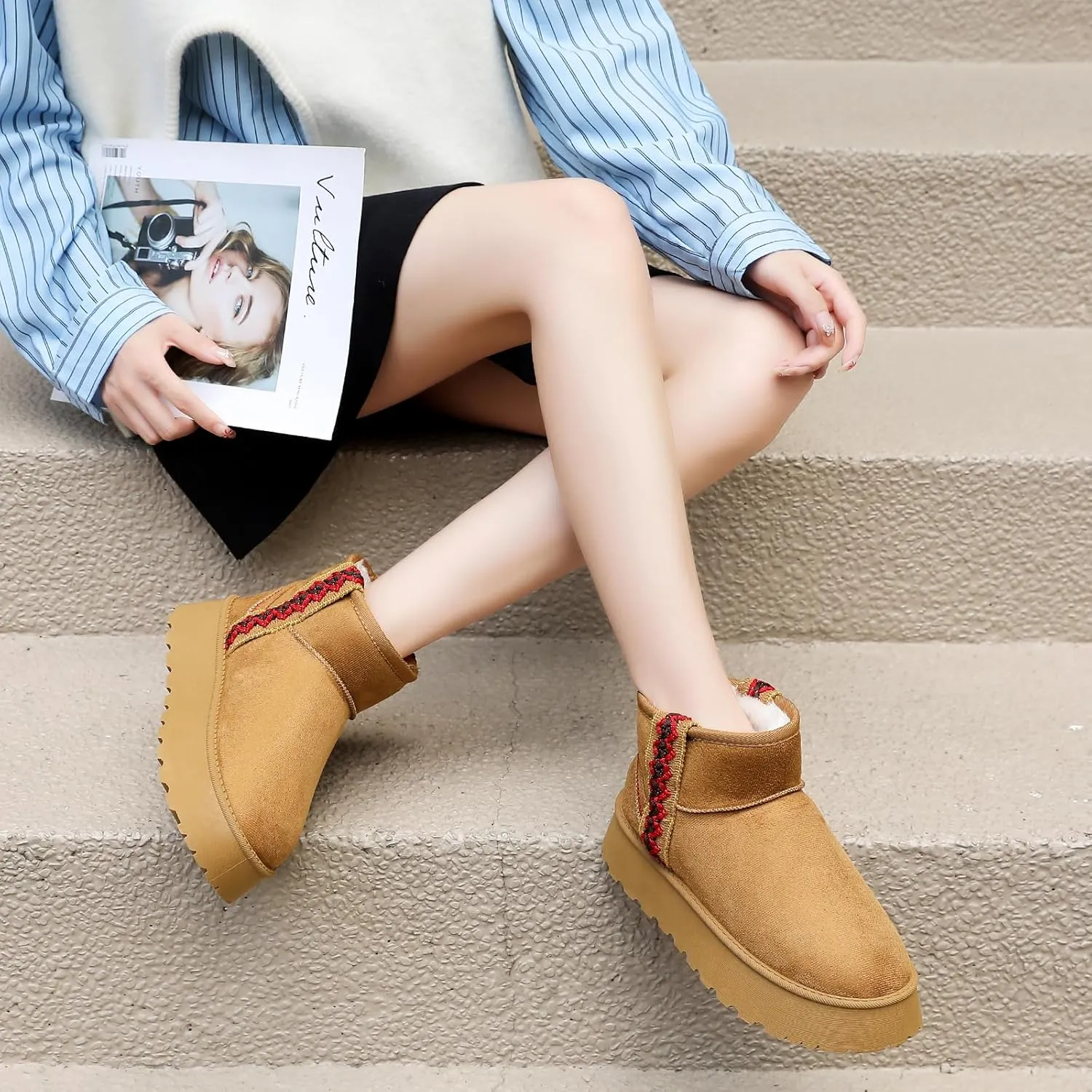Winter Boots for Women, Lightweight Platform Boots Fashion Ankle Boots for Women,Classic Suede Fur Leather Snow Boots with Comfort Insole Waterproof Stylish Fall Boots