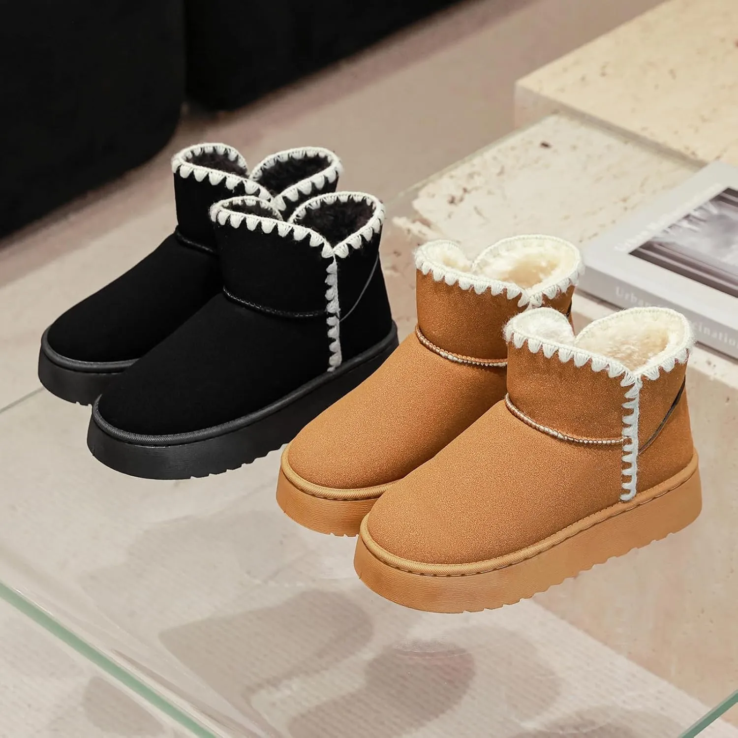 Winter Boots for Women, Lightweight Platform Boots Fashion Ankle Boots for Women,Classic Suede Fur Leather Snow Boots with Comfort Insole Waterproof Stylish Fall Boots