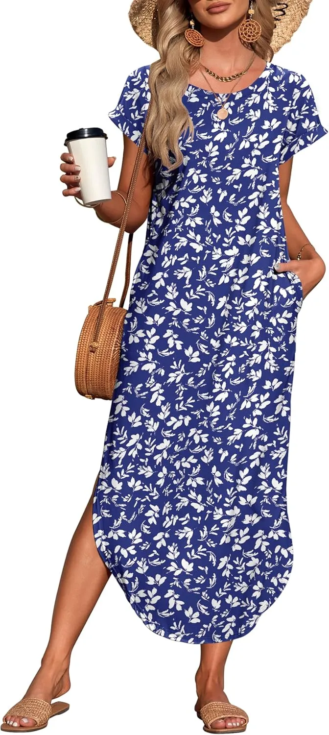 WNEEDU Womens Summer Dresses Casual Loose Short Sleeve Long T Shirt Dress Split Maxi Beach Sundress Travel Vacation Outfits