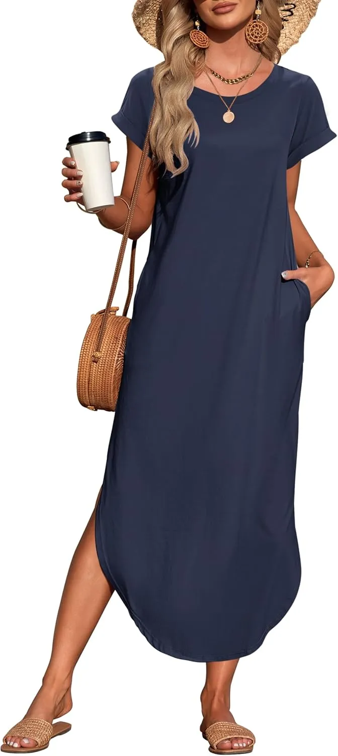 WNEEDU Womens Summer Dresses Casual Loose Short Sleeve Long T Shirt Dress Split Maxi Beach Sundress Travel Vacation Outfits