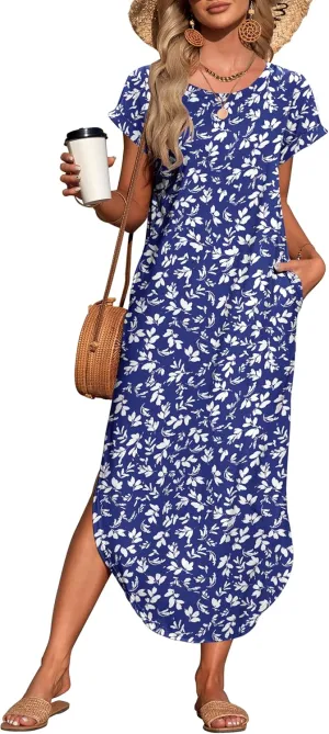 WNEEDU Womens Summer Dresses Casual Loose Short Sleeve Long T Shirt Dress Split Maxi Beach Sundress Travel Vacation Outfits