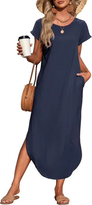 WNEEDU Womens Summer Dresses Casual Loose Short Sleeve Long T Shirt Dress Split Maxi Beach Sundress Travel Vacation Outfits