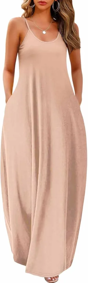 Wolddress Womens 2025 Casual Sleeveless Sundress Plus Size Loose Plain Long Summer Beach Maxi Dress with Pockets S-5X