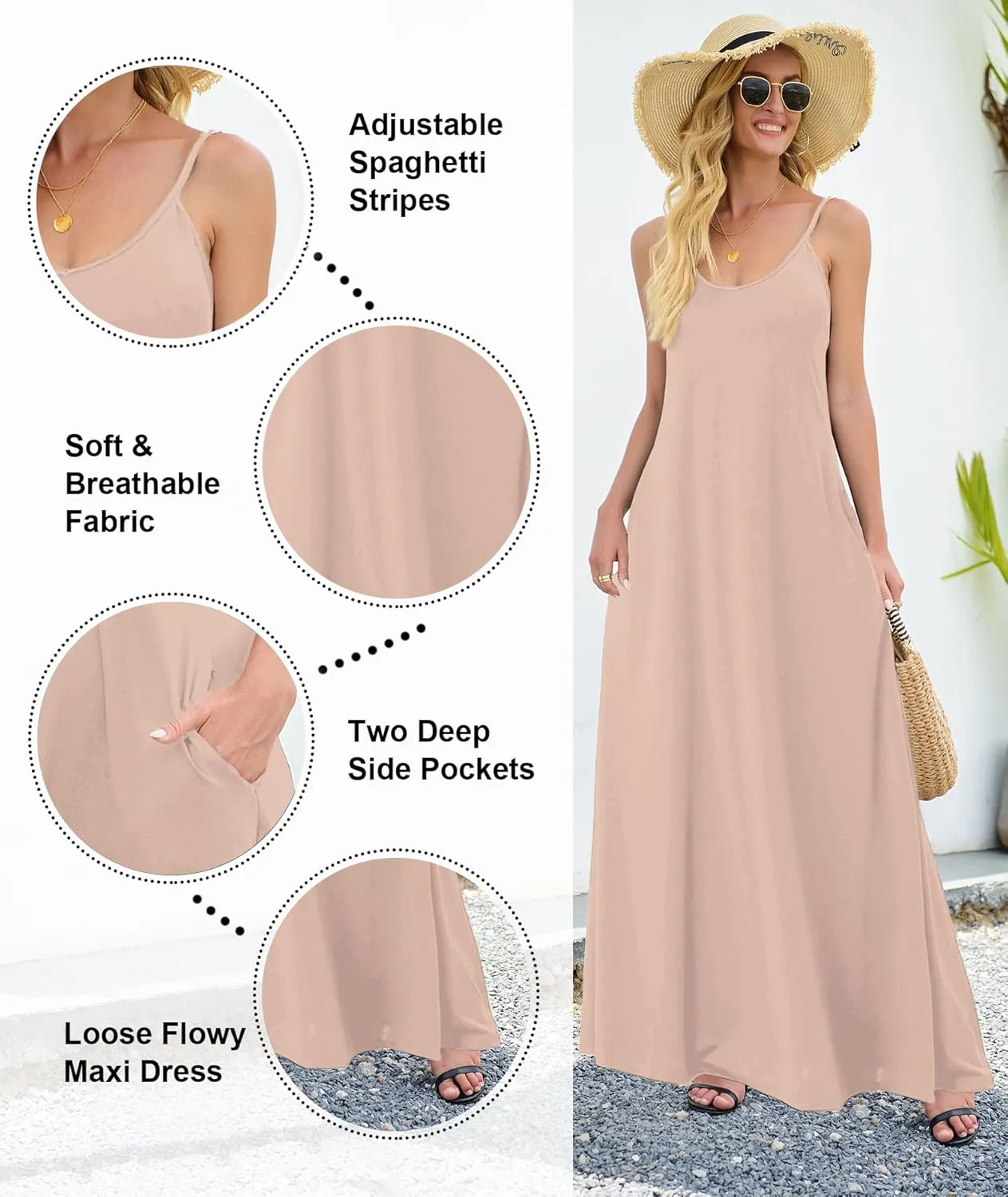 Wolddress Womens 2025 Casual Sleeveless Sundress Plus Size Loose Plain Long Summer Beach Maxi Dress with Pockets S-5X